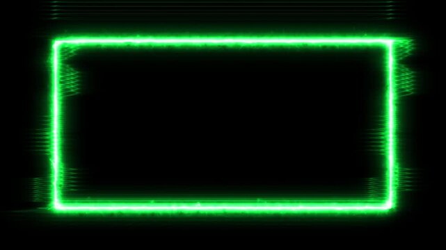 Abstract green neon rectangle frame animation with retro tape distortion, intense emerald geometric power line with digital glitch light disruption isolated on black 4K