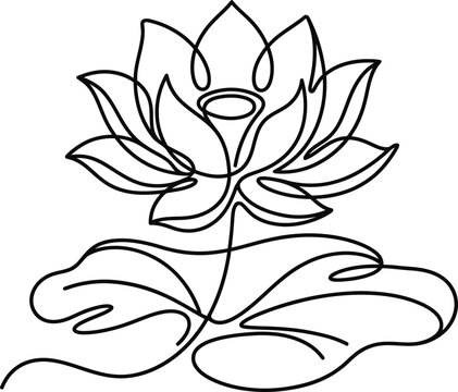 Minimalist continuous line art of a blooming lotus flower with leaves.