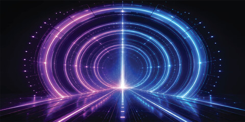 Fototapeta premium Futuristic Neon Quantum Portal with Blue and Magenta Energy Rings, AI Data Transmission, Digital Network Technology Background