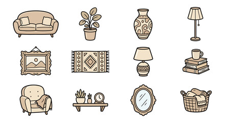 Minimalist living room furniture and home accessories icons. © ajik