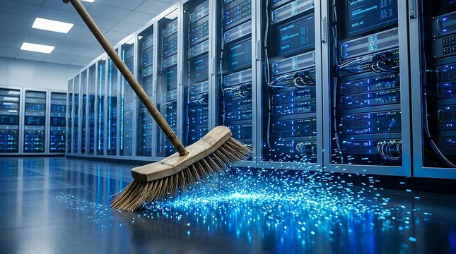 Conceptual image of a broom sweeping glowing digital data particles on a server room floor