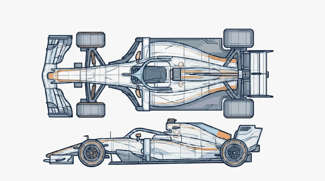 F1 Racing Car Technical Side View Diagram.