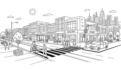 Fototapeta premium City street line art illustration with skyscrapers background. Urban landscape with shops, crosswalk, car, bicycle, and pedestrians. Modern cityscape coloring page vector.