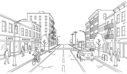 City street line art illustration. Urban landscape with buildings, shops, car, bicycle, and pedestrians. One point perspective cityscape coloring page vector. © MDMunna
