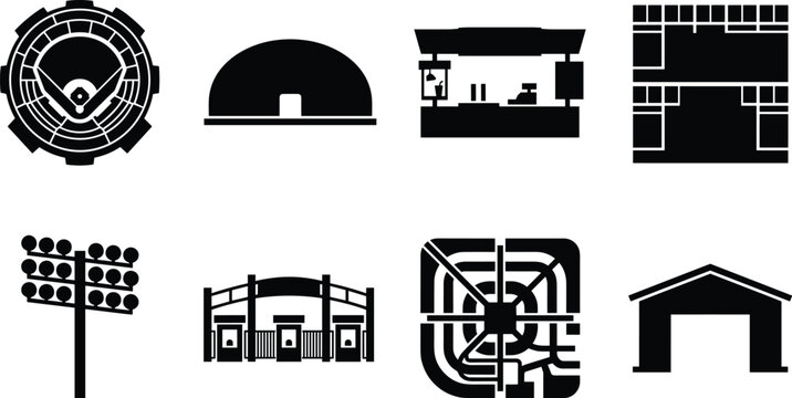 Sports stadium and baseball arena infrastructure silhouette icons set isolated on a white background