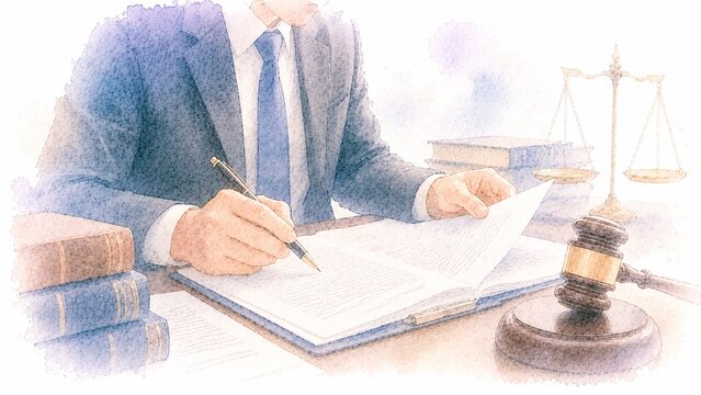 スーツ姿の弁護士が契約書に署名するイラスト、司法と法律関連のイメージ