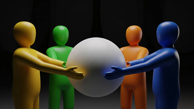 Colorful human-like figures holding a large white sphere symbolizing teamwork collaboration and unity in a dark background for business and community themes