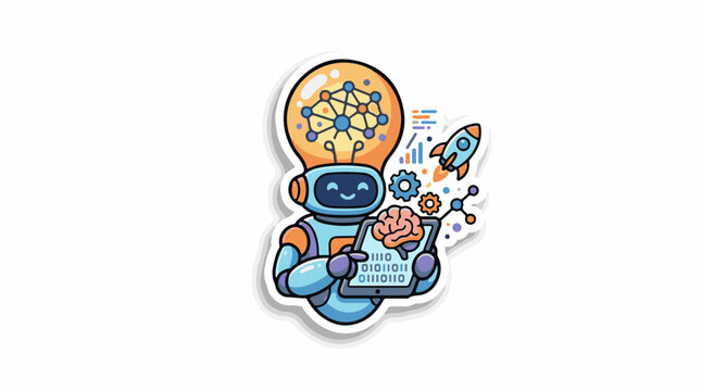 A smiling robot holding a tablet with binary code and a brain