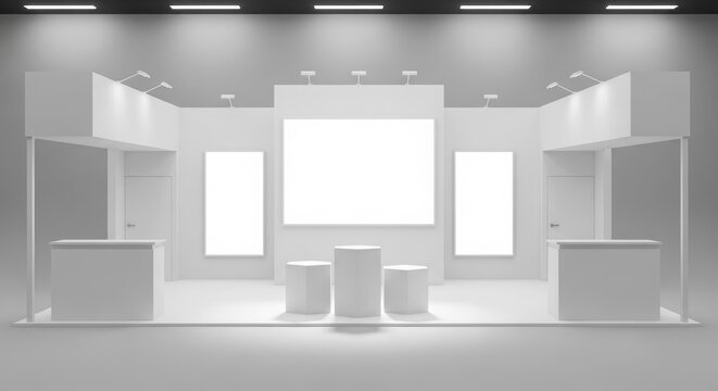 Modern white exhibition booth with blank display panels for branding and product presentation.