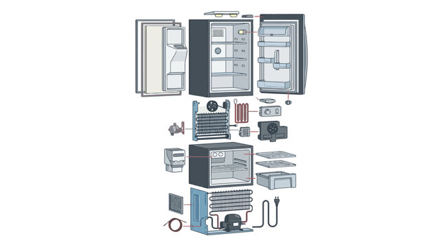 Exploded view diagram of a modern refrigerator showing internal components and parts. EPS Editable. Vector Illustrations.