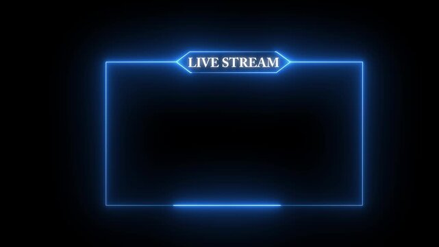 Live Stream Neon Blue frame animation with neon box frame. Animated neon Live stream Icon. Neon looped light frame for live stream video a Black background. Live streaming Frame -4k video Animated.