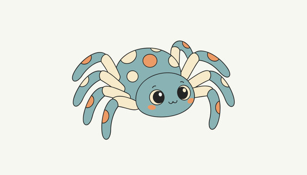 Adorable blue spider cartoon character with orange spots and large friendly eyes isolated on a white background.