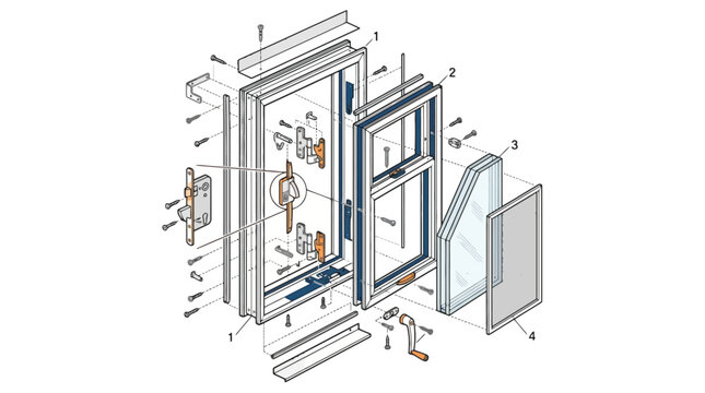 Exploded view diagram of a modern window assembly showing frame sash glass and hardware components. EPS Editable. Vector Illustrations.