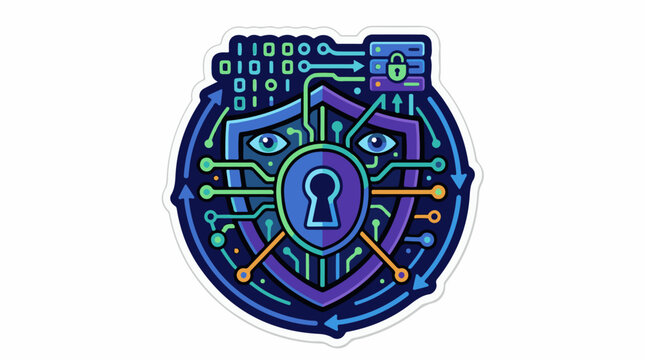 A stylized shield with a keyhole surrounded by circuit-like lines and binary code