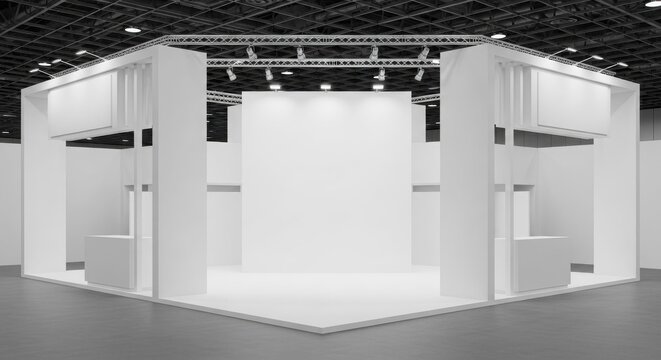 Modern white exhibition booth design with blank walls for branding and marketing display.