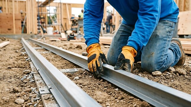 Construction worker installing metal track for wall framing on a building site