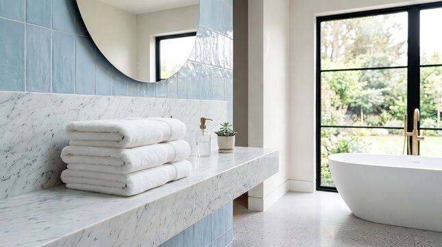 Bright Modern Luxury Bathroom With Marble Vanity, Folded Towels, Round Mirror, Freestanding Bathtub And Natural Window View