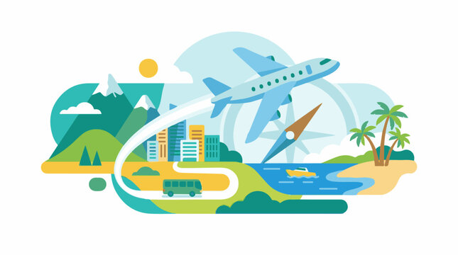 A stylized illustration of diverse travel modes amidst varied landscapes