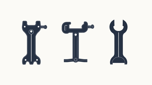 Three minimalist illustrations of metal tools, showing a wrench, and two other specialized mechanical implements