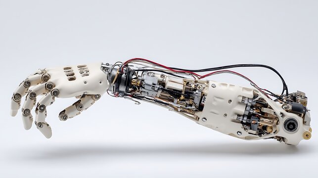 Mechanical exoskeleton arm model on white background