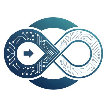 Infinity symbol with digital circuit board pattern representing continuous technology and data flow, infinity