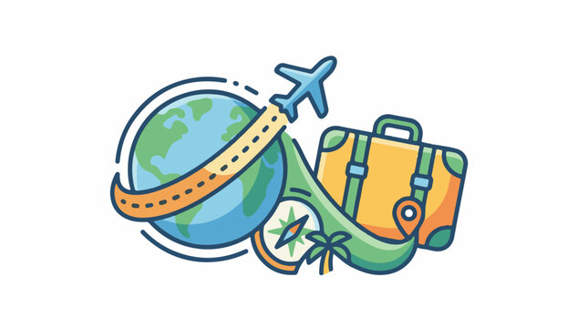 A stylized illustration of travel with a plane around the globe and luggage