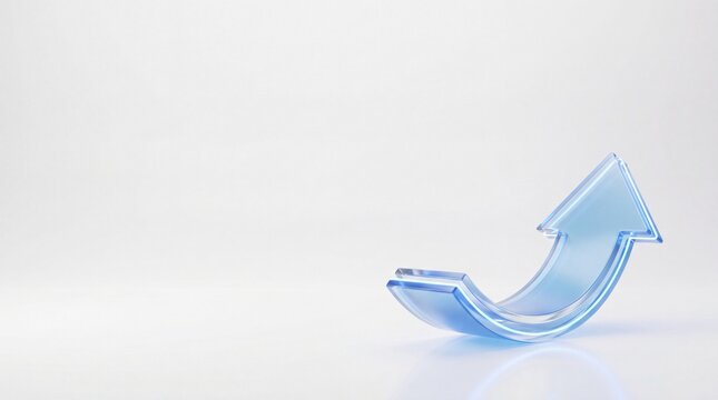 3D transparent glass curved arrow pointing up with glowing blue neon light inside for business growth concept