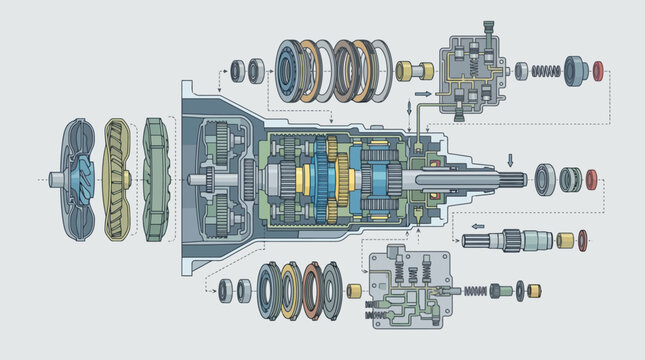 Exploded view diagram of car transmission gearbox mechanism. EPS Editable. Vector Illustrations.