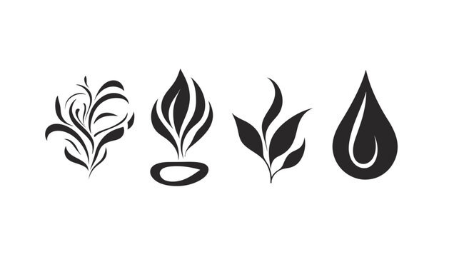 Four black botanical silhouettes on white background, representing leaf, flame, and drop shapes
