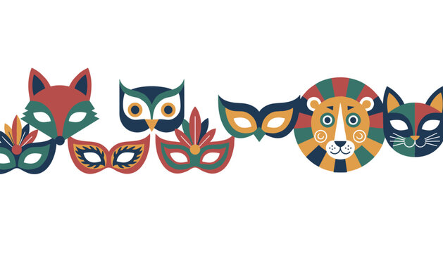 Vibrant collection of carnival masks featuring colorful stylized animal faces and decorative feathered eye pieces.