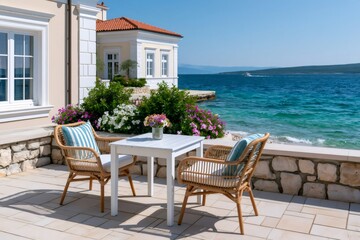 Obraz premium Seaside villa terrace with ocean view dining area