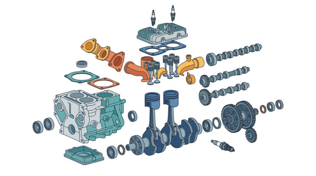 Exploded view diagram of internal combustion engine parts and components. EPS Editable. Vector Illustrations.