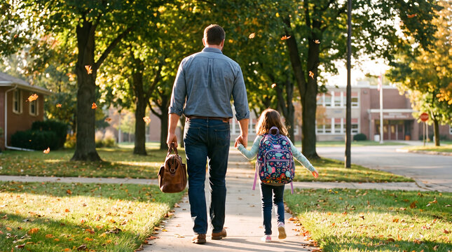 Father and young daughter with backpack, walking hand in hand away from camera, strolling down sidewalk with falling autumn leaves, suburban school neighborhood, parenting lifestyle