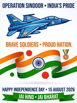 Operation sindoor india independence day 15 august 2026 greeting card design with fighter jet and national flag elements