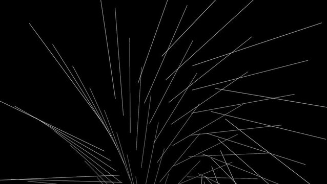 Abstract white lines animation creating complex geometric spiral patterns on black background for digital motion graphics design project visualization with minimalist aesthetic and fast movement flow.