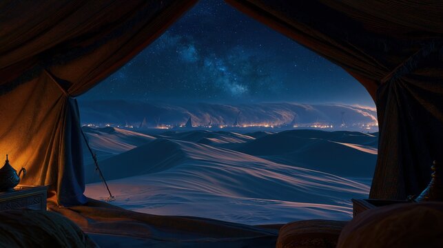 View from inside traditional desert tent looking out to starry milky way night sky over wavy sand dunes with glowing distant city on horizon for exotic travel