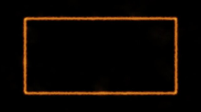 Abstract gold neon rectangle frame animation with sporadic smoke explosion effects, vibrant yellow geometric border line with light discharge isolated on black 4K