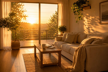 Obraz premium Warm golden sunset light illuminating minimalist living room with cozy sofa
