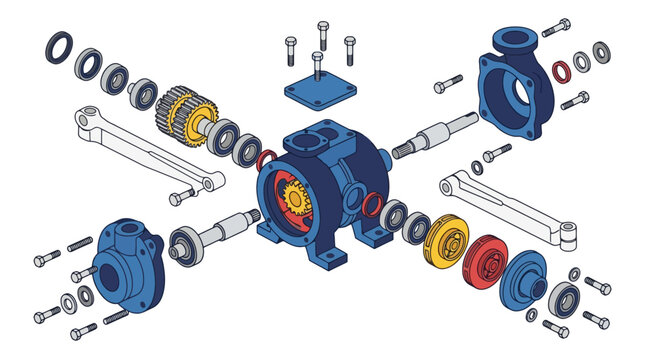 Exploded view technical illustration of a mechanical rotary pump assembly showing internal components. EPS Editable. Vector Illustrations.