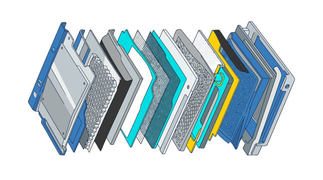 Exploded view of a technical battery pack or fuel cell stack assembly CAD model. EPS Editable. Vector Illustrations.