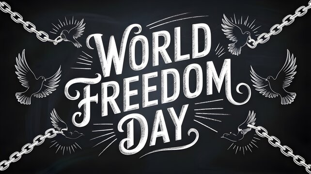 World freedom day celebration with flying doves and broken chains on black background symbolizing liberty and freedom