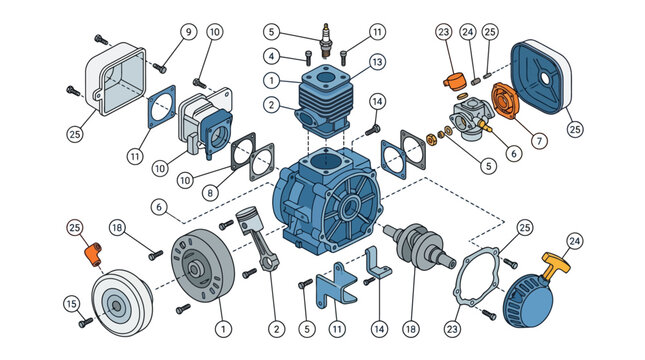 Exploded view technical diagram of a small internal combustion engine assembly. EPS Editable. Vector Illustrations.