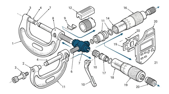Exploded view technical diagram of micrometer components and assembly parts. EPS Editable. Vector Illustrations.