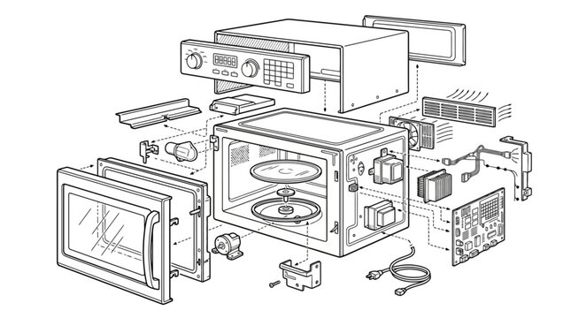 Exploded view technical diagram of microwave oven components. EPS Editable. Vector Illustrations.