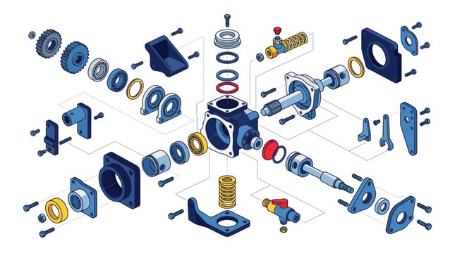 Exploded view technical diagram of mechanical pump assembly with pistons and gears. EPS Editable. Vector Illustrations.