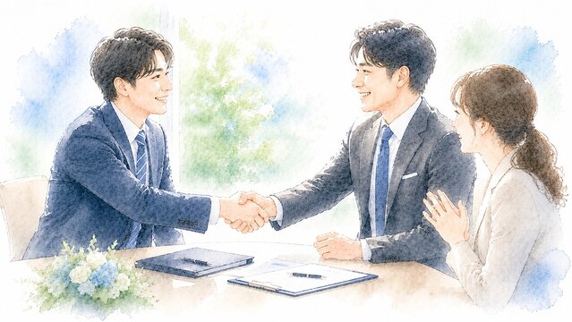 ビジネスマン同士が握手をして契約が成立したことを祝うビジネスシーン