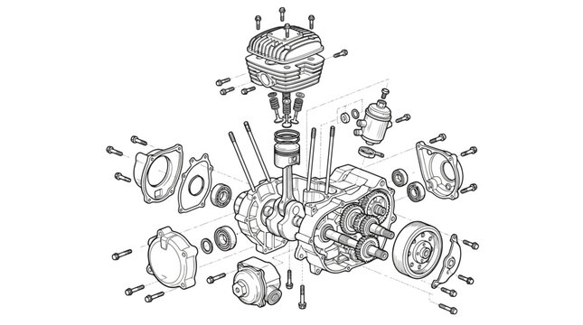 Exploded view technical drawing of a single cylinder internal combustion engine. EPS Editable. Vector Illustrations.