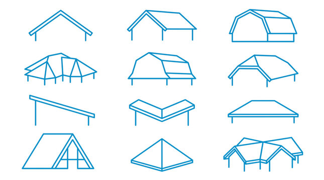 A collection of blue line vector icons showcasing various roof types and building frameworks on a white background, illustrating architectural design concepts and construction planning elements