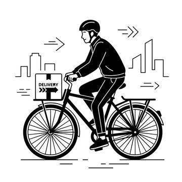 Delivery man on bicycle with package in city, fast transport, urban logistics