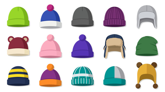 Collection of various colorful winter hats and beanies in flat design style on a white background, illustrating cold weather fashion and representing graphic design elements